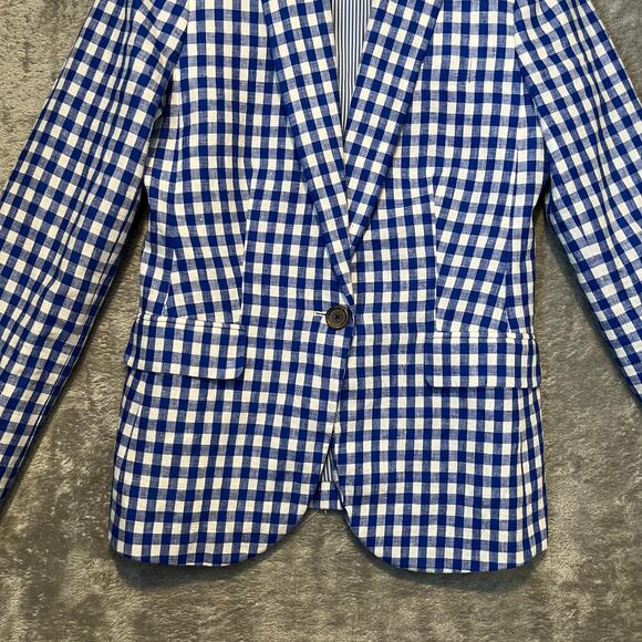 J Crew 100% Linen Campbell Blazer Jacket Blue White Gingham Check Size 00 #E9060 - Picture 3 of 6